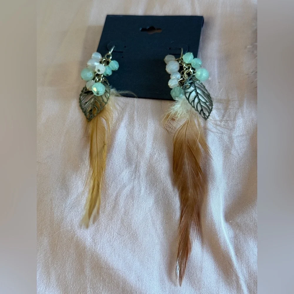Bohemian Feather and Bead Earrings NWT